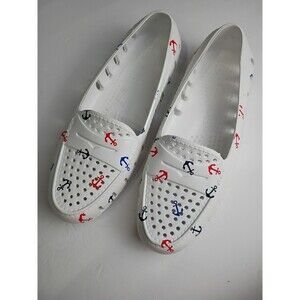 Floaters Woman 7 White Nautical Red/ Blue Anchor Slip On Foam Shoes Beach Casual